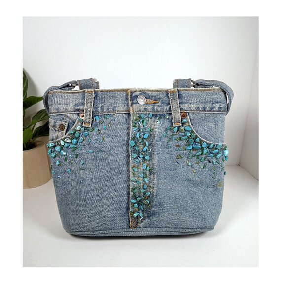 VTG Hand & Heart Walnut CA Hand MadeTURQUOISE Stones DENIM SHOULDER Bag BEADED - Picture 3 of 11
